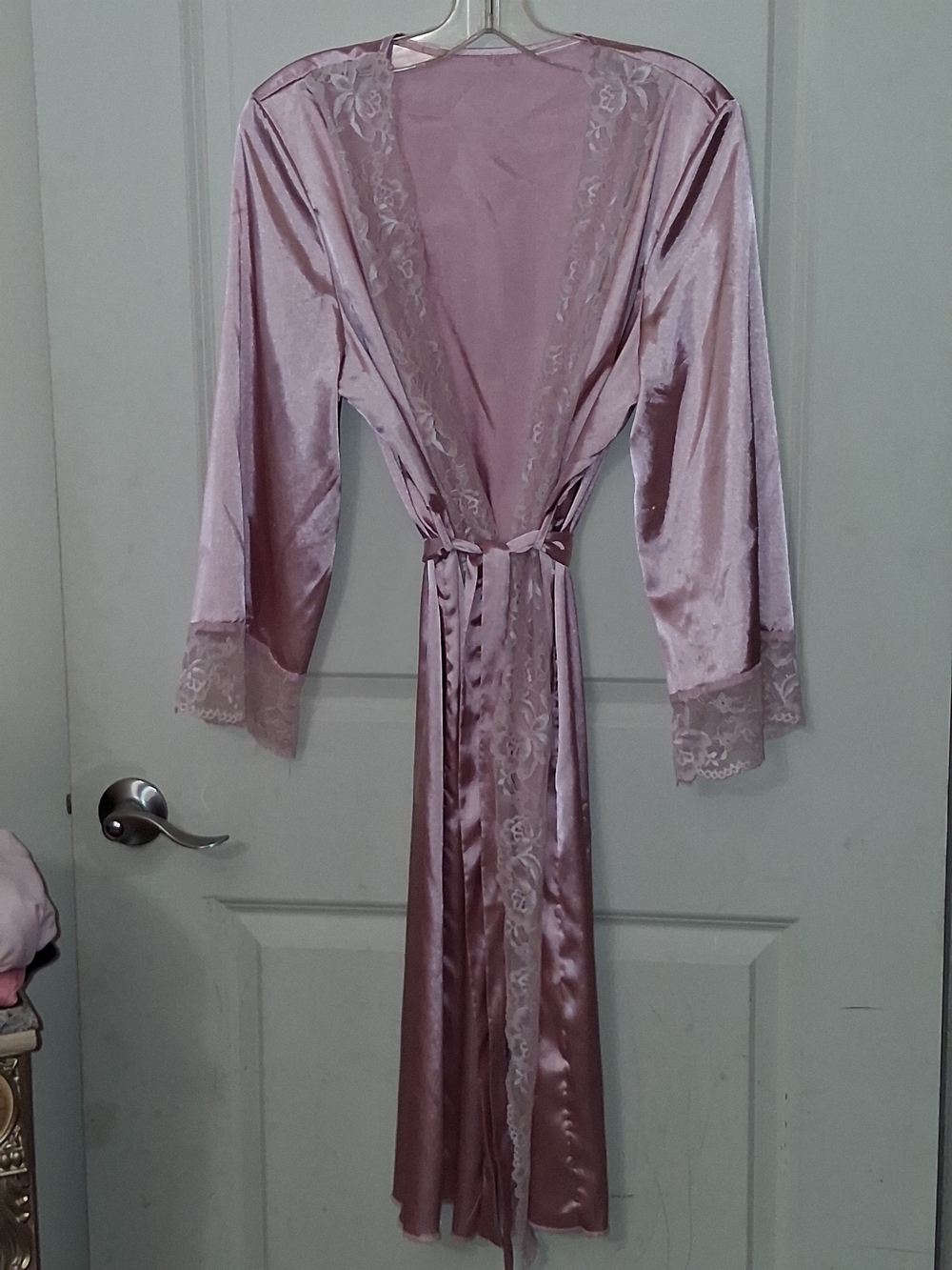 Silky Lace-Trim Long Robe - Dusty Pink